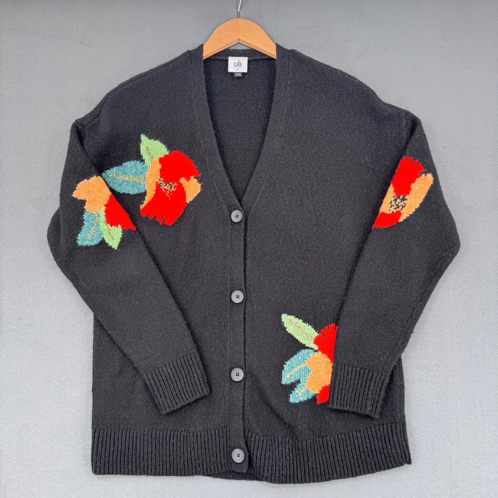 Cabi Floral Intarsia Cardigan Womens Medium Black Red Poppy Sweater Artsy Bold